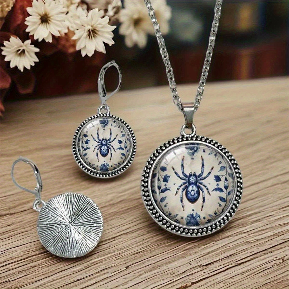 3pc Exquisite Blue and White Porcelain Spider Jewelry Set, Unisex